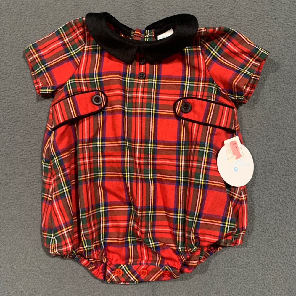 Edgehill Collection Baby Girls Red Plaid Bubble Romper 3M‎ Cotton Velvet Collar